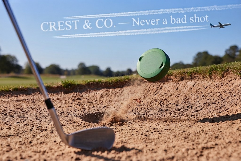 A Crest & Co. aluminum pocket tin sailing out of a greenside bunker in a spray of sand, with a skywriting contrail overhead reading Crest & Co. — Never a bad shot.